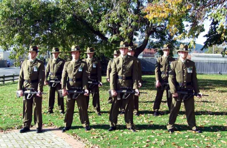 Soldiers from 4 Otago Southland Battalion Group stand at ease in preparation for the remembrance...