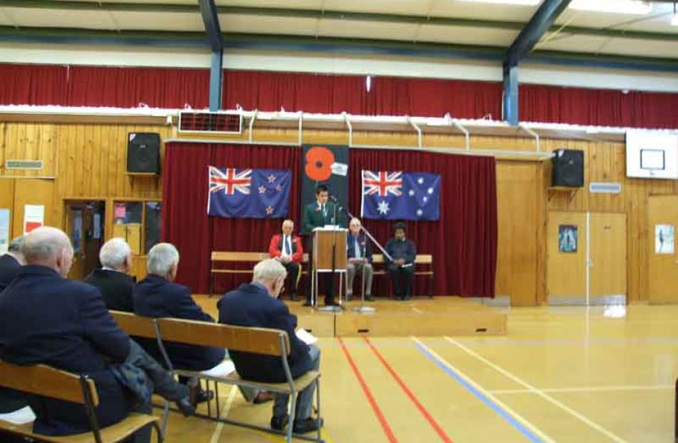 East Otago High School head boy Kelyn (correct) Witehira speaking at the Palmerston Anzac day...