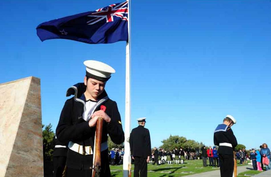 Liam Dell (15) at the ANZAC Day Posy laying ceremony at the Andersons Bay cemetary on ANZAC Day....