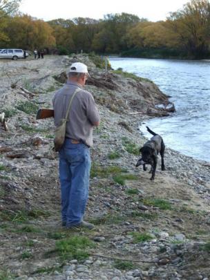 Tony Hogarth, of Christchurch and his Labrador Hurleyhall Viking compete in the water leg of the...
