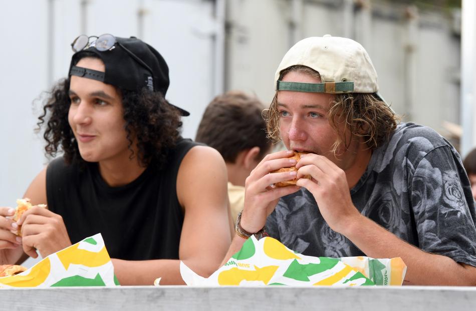 Second-year students Joseph Hill, of Whakatane, and Jason Bell, of Wanaka, enjoy a late Subway...