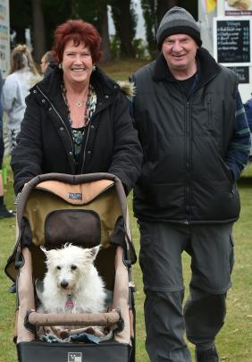 Glenys Robertson and Kevin Bryson, both of Mosgiel, and Glenys' 14-year-old dog Roxy.