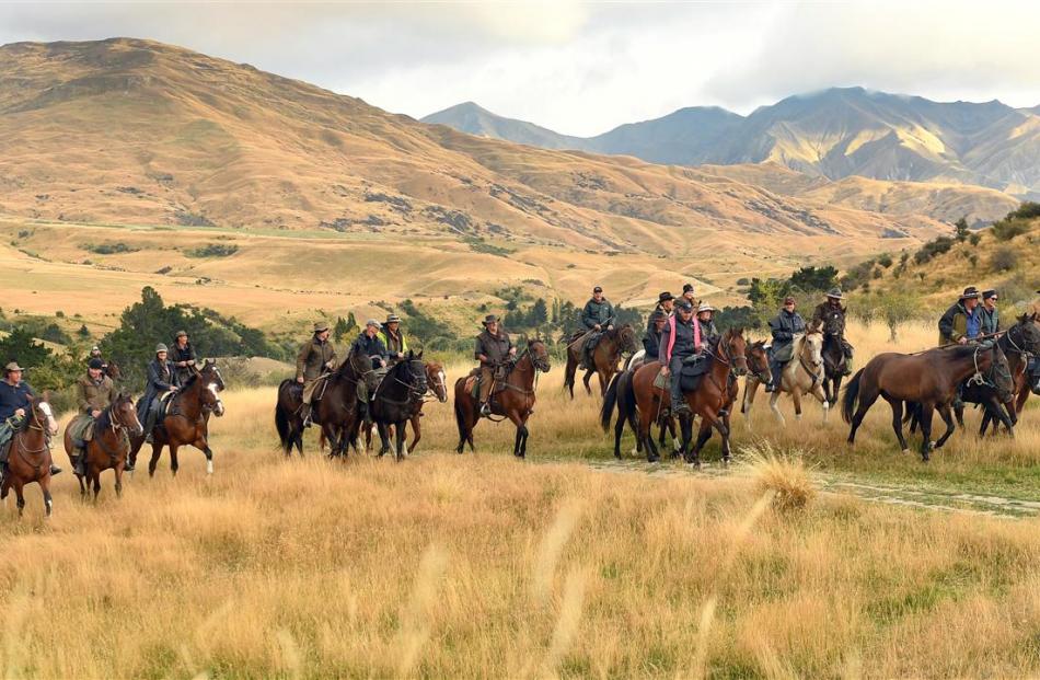 Les Beattie's riding trail with 70 horses heads from Cardrona past Meg Hut and over the Pisa...