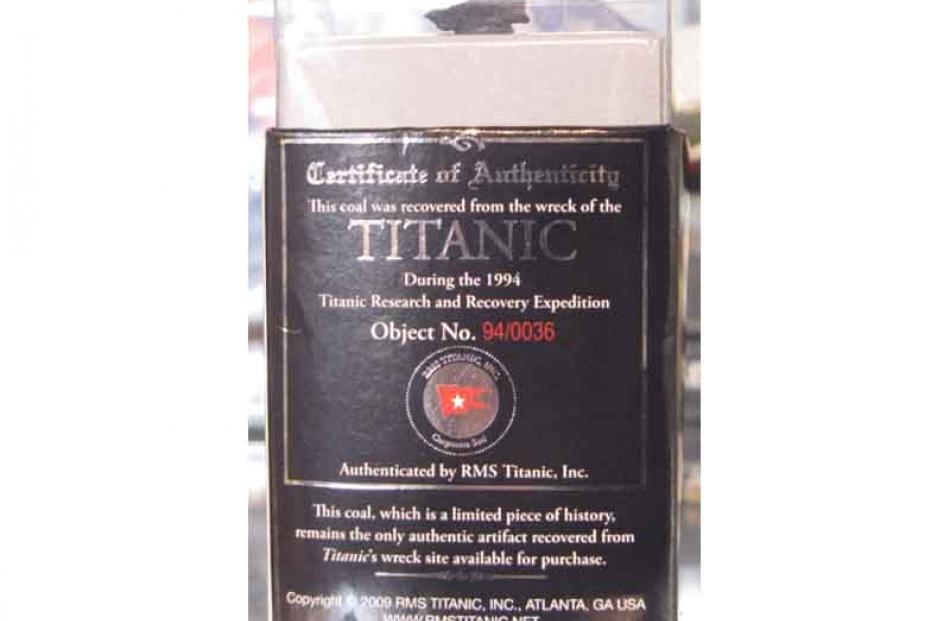 A small piece of coal from the <i>Titanic</i>, recovered in 1994, bought for US$20.