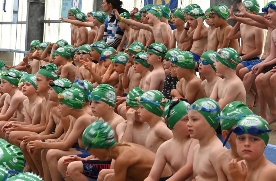 Seven-year-old boys wait for their turn to swim in the Weet-Bix Kids' Tryathlon in Mosgiel...