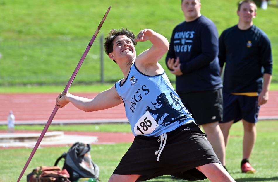 Tainui Little, of King's High School, prepares to throw the javelin during the senior boys' event...