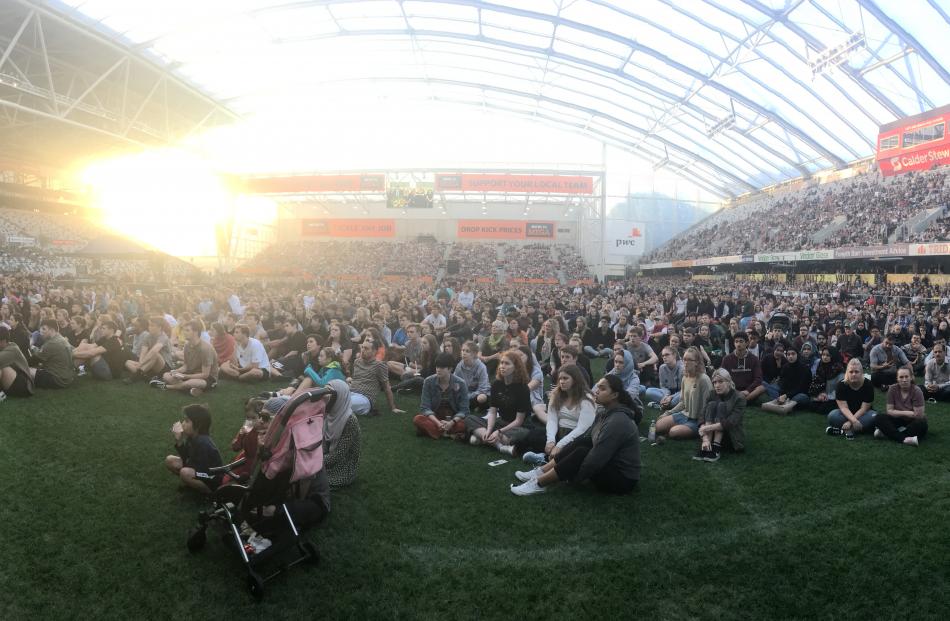 About 15,000 people have gathered at Forsyth Barr Stadium in Dunedin tonight for the Christchurch terror attack vigil. Photo: Chris Morris