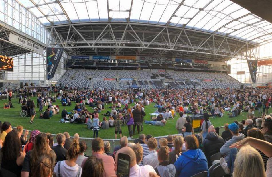 About 15,000 people have gathered at Forsyth Barr Stadium in Dunedin tonight for the Christchurch terror attack vigil. Photo: Chris Morris