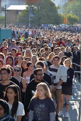  A huge crowd leaves the university on its way to Fosyth Barr Stadium ahead of the Dunedin vigil tonight. Photo: Gerard O'Brien