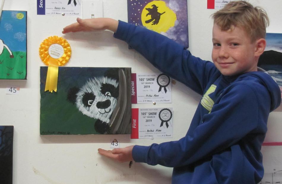 Archie Maw (9) won first place and got special award for his painted panda artwork at the Methven A&P Show. Archie had many other entries in the home produce shed, including his lunch box fruit kebab, which was awarded first place. Photos: Toni Williams