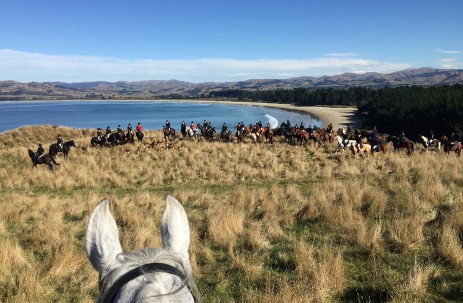 The Otago Hunt lined up for a photo looking south over the Waikouaiti beach.
