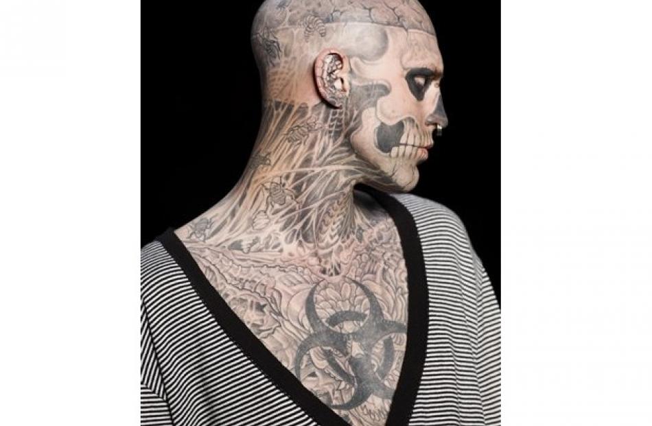 Canadian model Rick Genest, aka Zombie Boy, wears a creation by Auslander during the Fashion Rio...