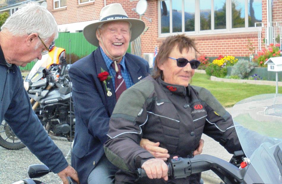 Joan Gibbon of Dunedin treats Bill Ralston to a ride around Tapanui on her Canam Spyder.   