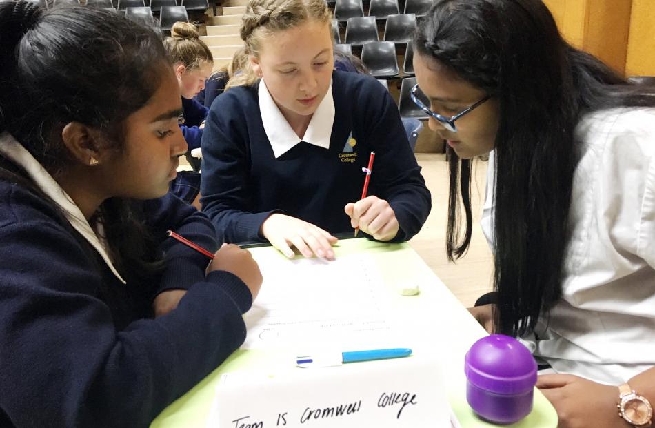 Cromwell College year 9 pupils (from left) Rohansa Ganewatta (14), Erika Wilson (13) and Anthea...