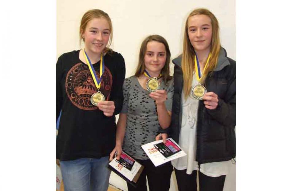 Year 7 and 8 winners Arrowtwon Primary school,( from left) Sasha Budd, Stephanie Arrowsmith and...