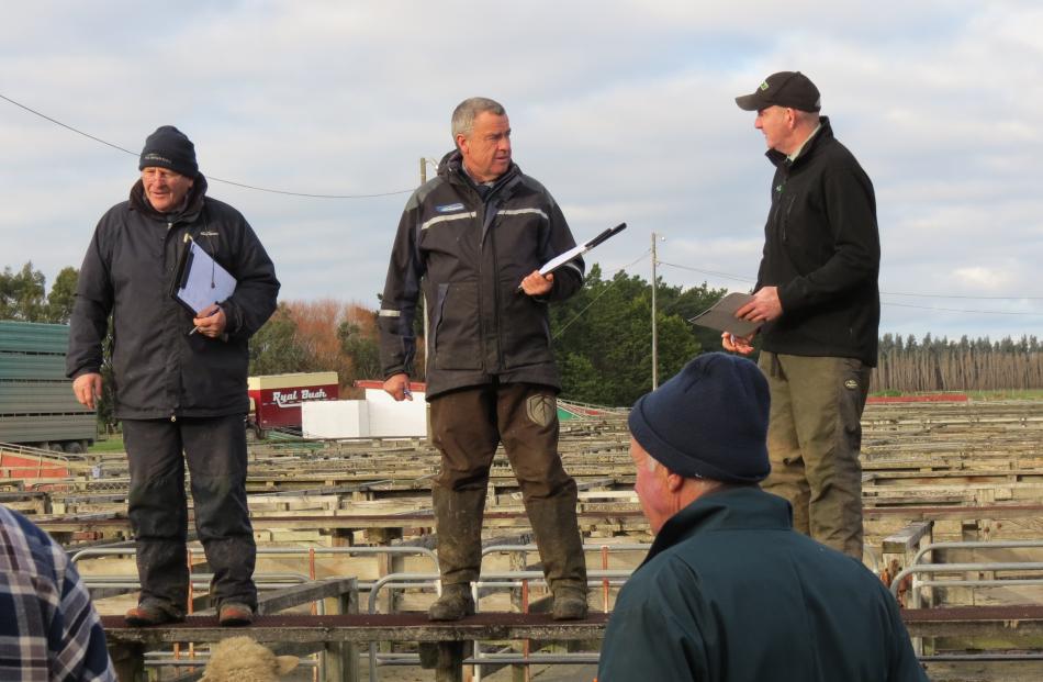 Auctioneers taking a pause during sales of store sheep at the Lorneville saleyards, near Invercargill, last week are (from left) Kelvin Lott, Carrfields; Russell Cockram, PGG Wrightson; and Mike Broomhall, PGG Wrightson. Photos: Yvonne O'Hara
