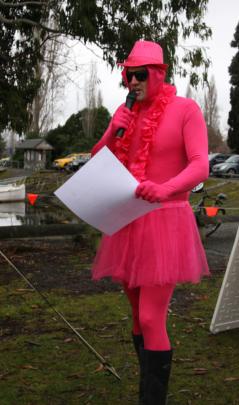 Grant Excell, Te Anau School Principal, pinked it for the chilly dip. The costume won the vote...