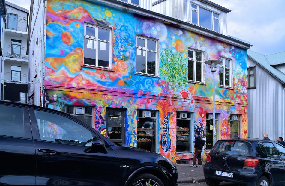 Graffiti decorates a bakery in Reykjavik, the capital of Iceland.