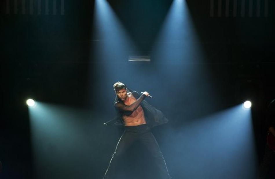Puerto Rican pop singer and actor Ricky Martin performs on the Stravinski Hall stage during the...