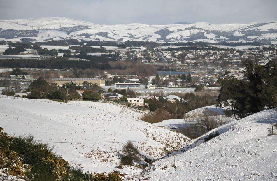 Looking out over Balclutha towards the snow covered hills behind. Photo: John Cosgrove
