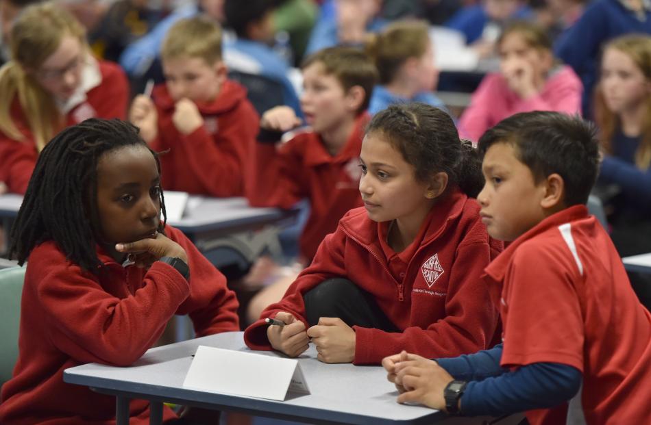 Contemplating a question are Fairfield School pupils (from left) Eva Mackenzie (10), Aditi...