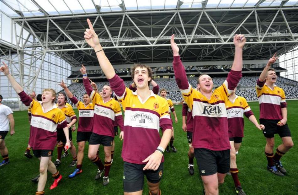 Selwyn College players perform a haka to celebrate their win over Knox College. Photo by Craig...