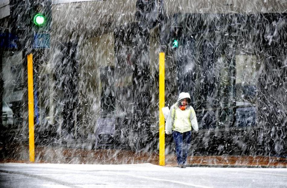 A pedestrian crosses Dowling St in Dunedin early yesterday as snow fell to sea level. Photos by...