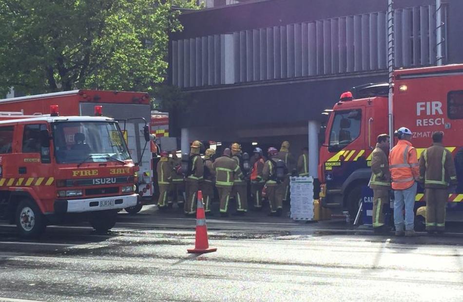 Firefighters with breathing appartus assembling on Hobson St. Photo: NZ Herald 