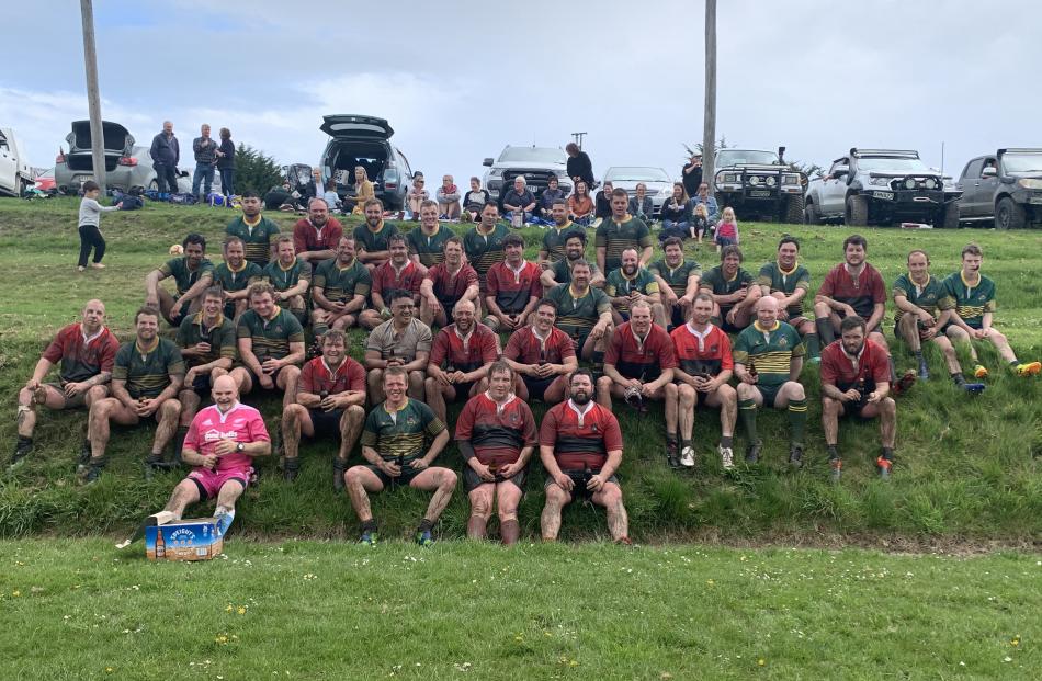 Palmerston and Waikouaiti rugby teams come together for a post-match photo. Photos: Supplied