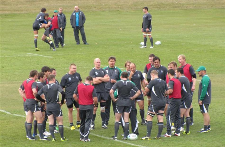 The Irish RWC camp gathers after two hours of training in Queenstown yesterday.