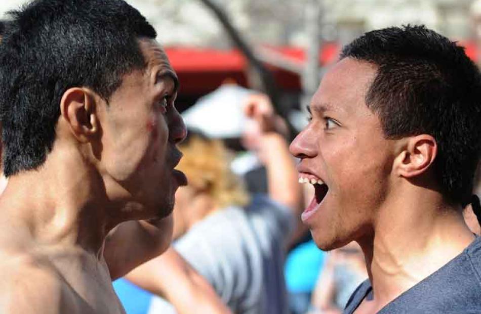 Haka stand off: Aljay Malama and Brandon Manuel.