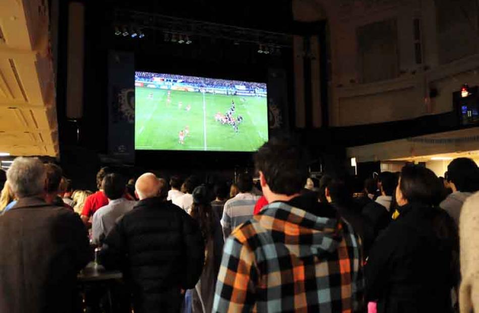 A capacity crowd in the Fan Zone at the Dunedin Town Hall to watch the televised opening game of...