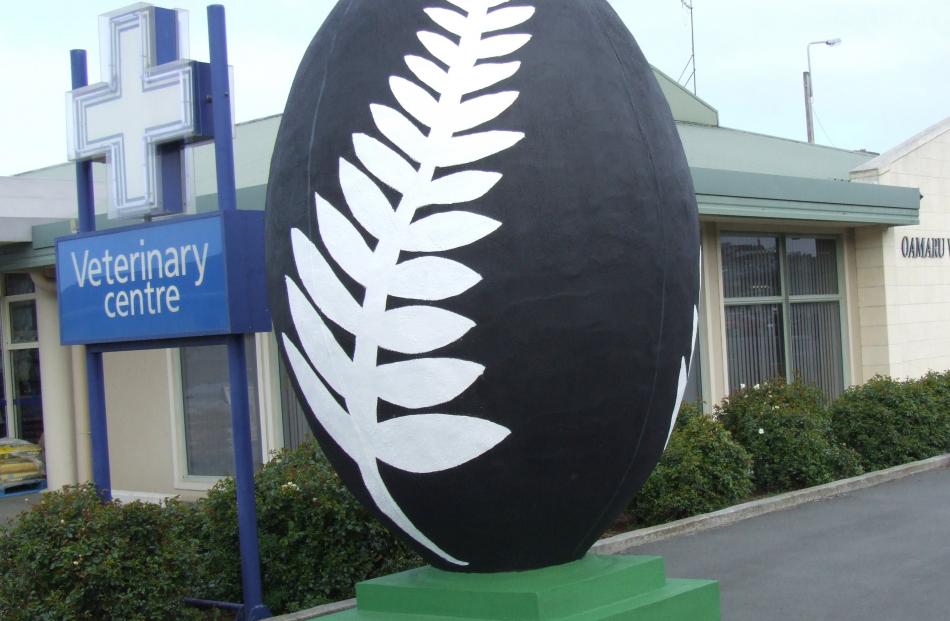 A giant rugby ball outside Oamaru Veterinary Services. Photo by Sally Rae.