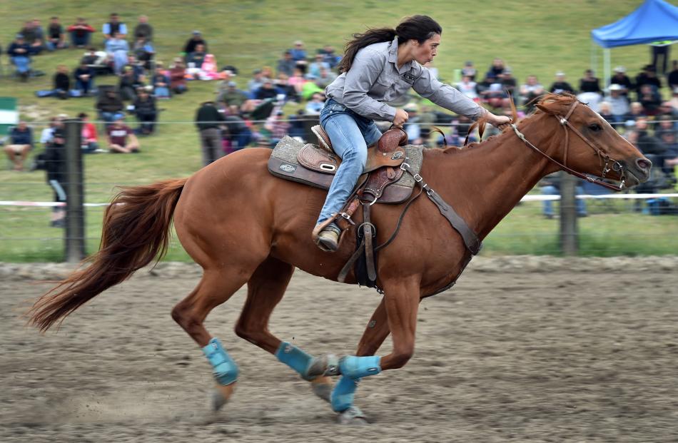 Tyla Toheriri, of Waikouaiti, speeds home in the second division barrel race.

