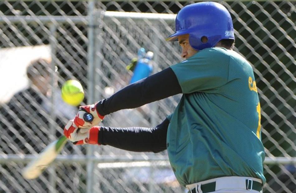 Cardinals batter Crete Whaanga in action against Dodgers in the men's final at Ellis Park in March.