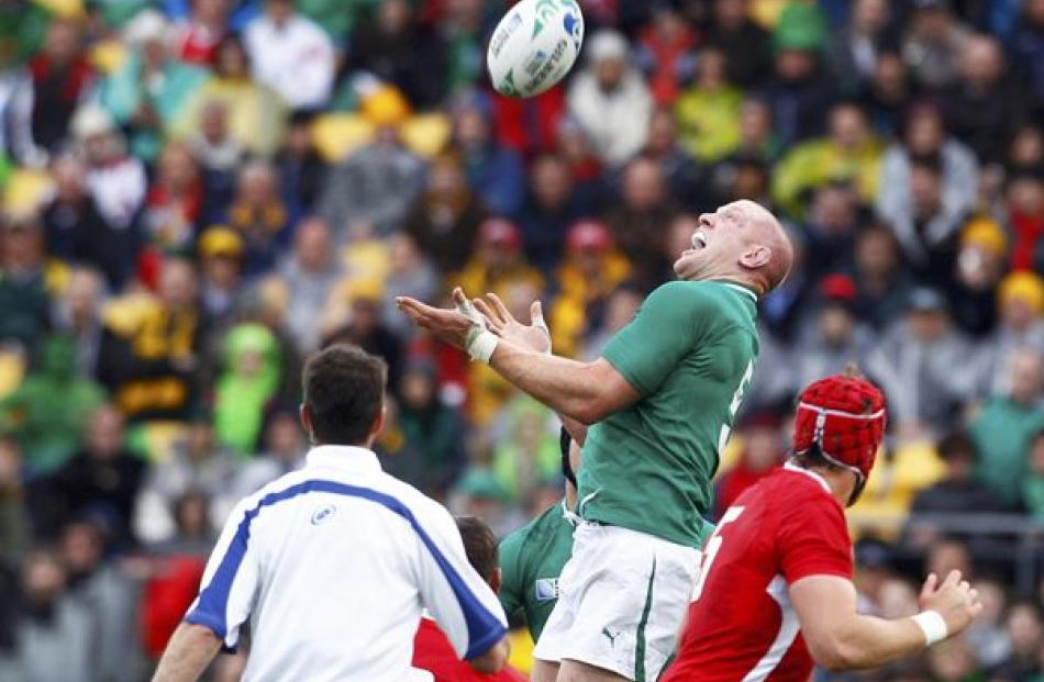 Ireland's Paul O'Connell takes a high ball during their Rugby World Cup quarter-final match...