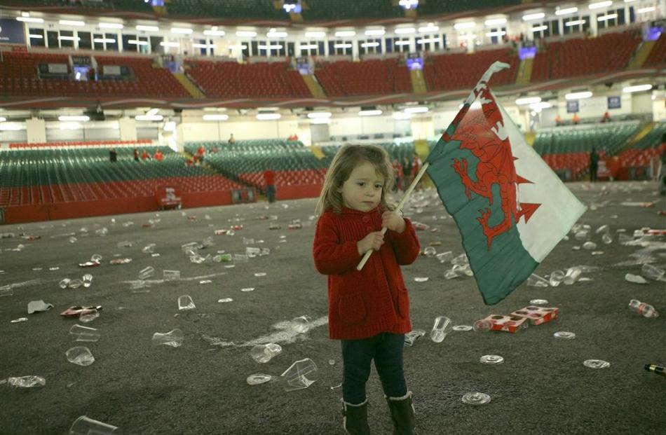 Medi Wyn Jones, age 3, reacts after watching Wales on giant screens at the Millenium Stadium in...