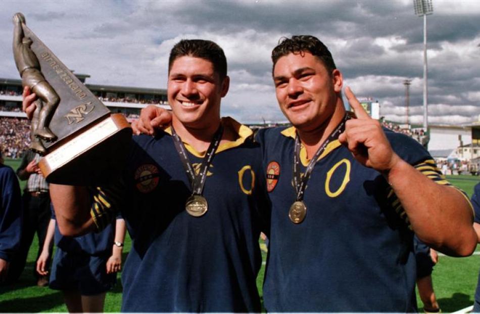 Props Carl Hoeft (left) and Kees Meeuws celebrate the 49-20 win over Waikato.