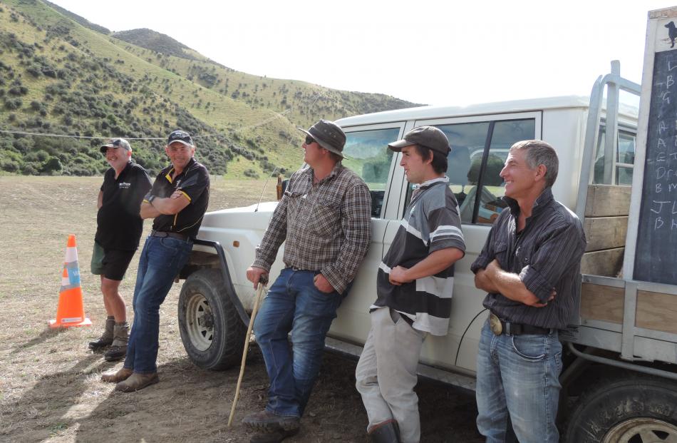 Watching the short head are (from left) Neville Powell, of Waimate, Gary Anderson, of Fairlie,...