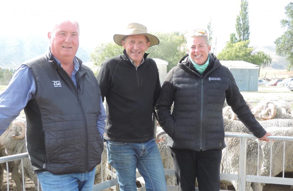 Otematata Station owner Hugh Cameron (centre) is flanked by New Zealand Merino Company representatives Mike Hargadon from Christchurch and Nic Blanchard from Omarama. Photo: Sally Brooker