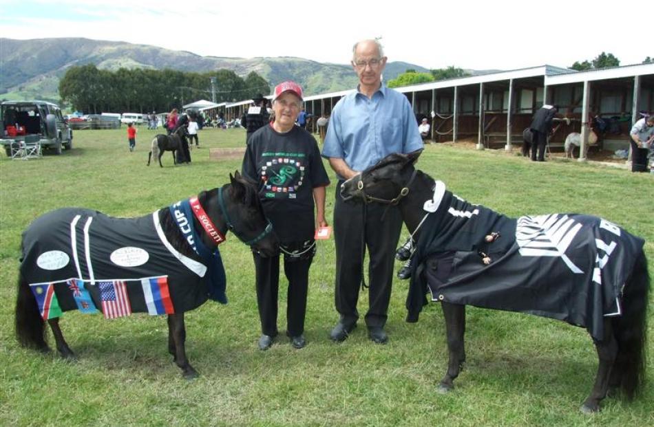 Thelma and Bob Busby, of Invercargill, with their miniature horses Raider and Saibin.