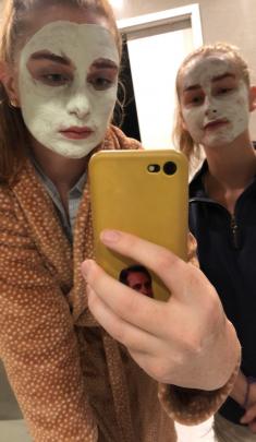 Don't crack a smile . . . Bella Veitch (left)  (21) and Georgia Campbell (21) pamper themselves...