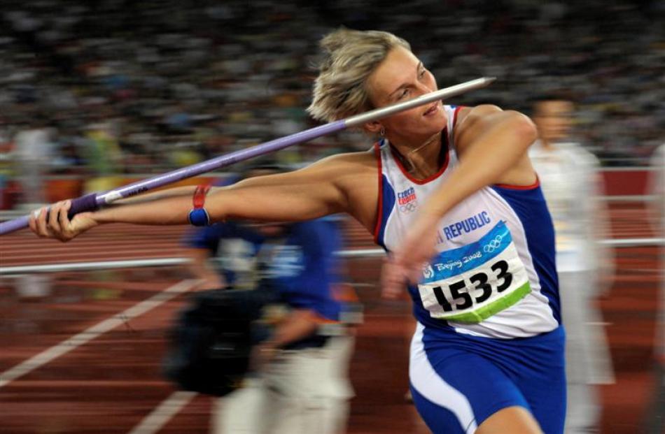 Czech Republic's Barbora Spotakova competes in the women's javelin throw final. (AP Photo/Thomas...