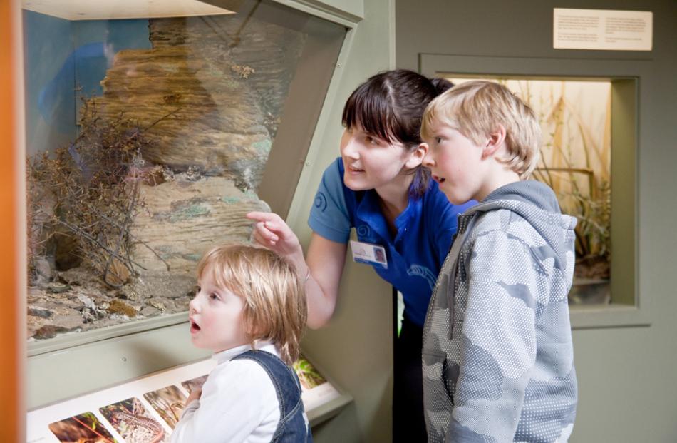 An Otago Museum staff member explains a display to young visitors.