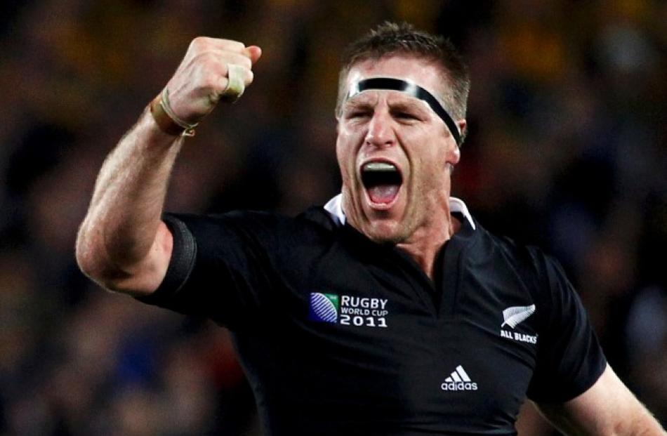 All Black lock Brad Thorn fires up during their Rugby World Cup semifinal against the Wallabies...
