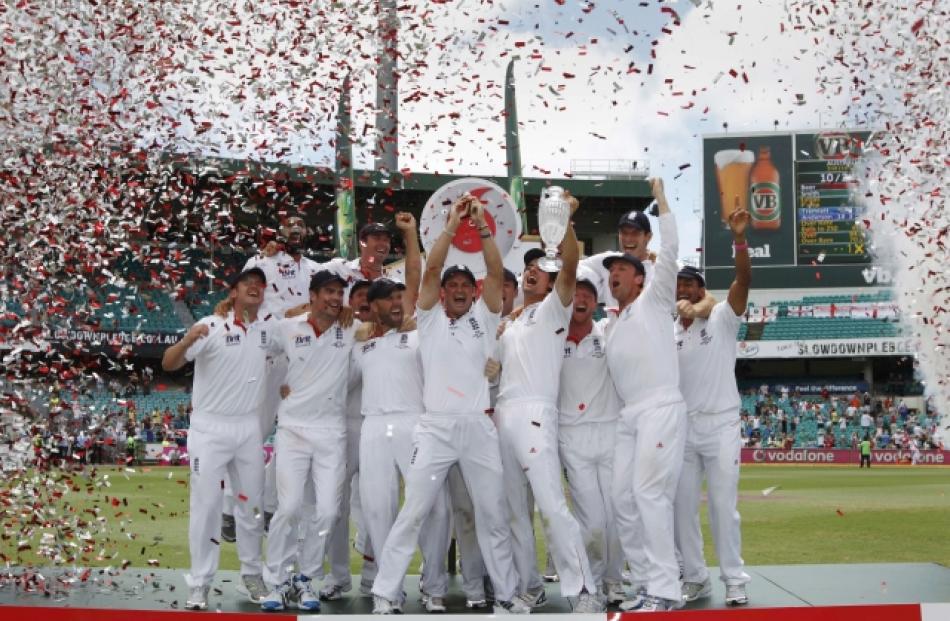 The English cricket team celebrate winning the Ashes after they beat Australia in the fifth test...