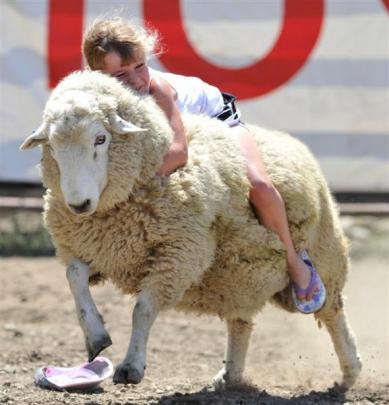 Olivia Nelson (8), of Waimauku, shows the style that earned her third place in the sheep ride....