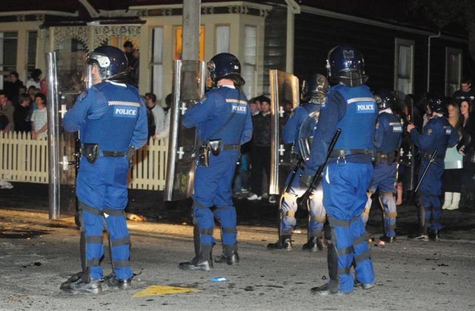 Riot police in the north Dunedin student area after trouble flared following a rogue Undie 500...