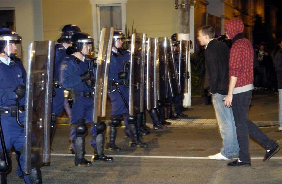 Riot police in the north Dunedin student area after trouble flared following a rogue Undie 500...