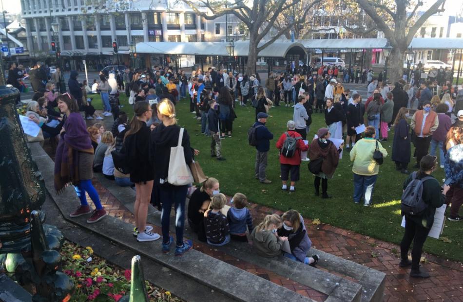 Peaceful protesters gather in the Octagon this afternoon. Photo: Christine O'Connor